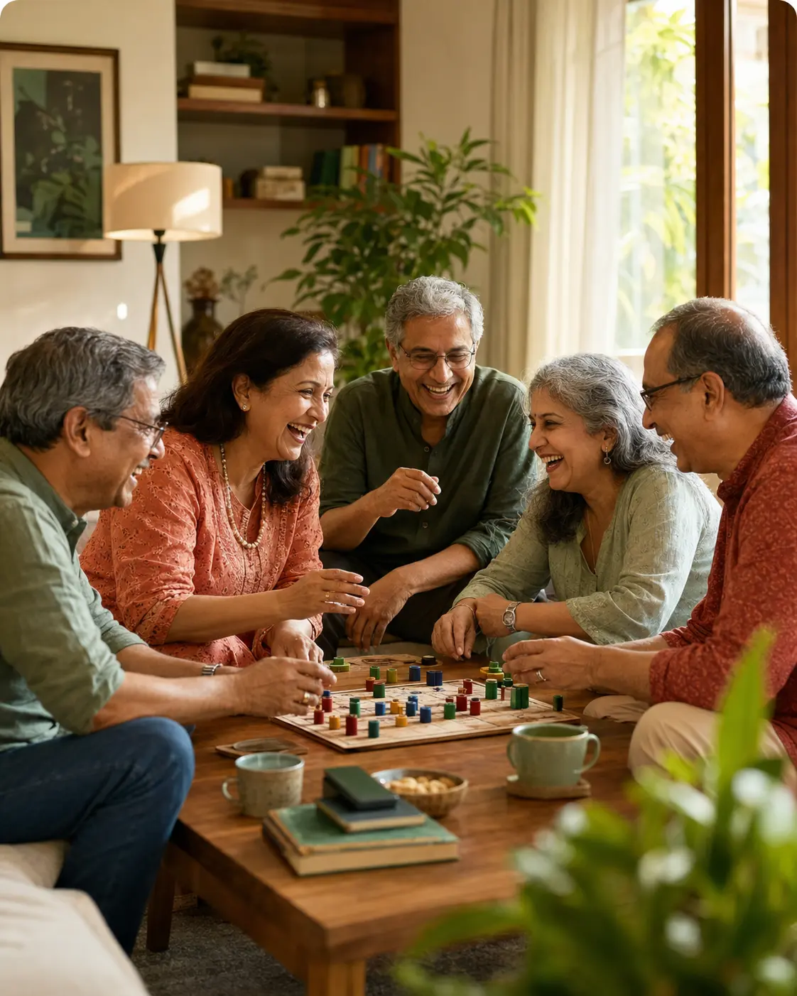 Older Indian classmates laughing over a tabletop game