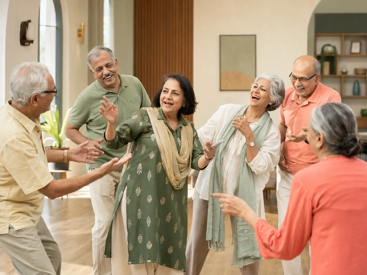Older Indian classmates laughing during a playful group activity