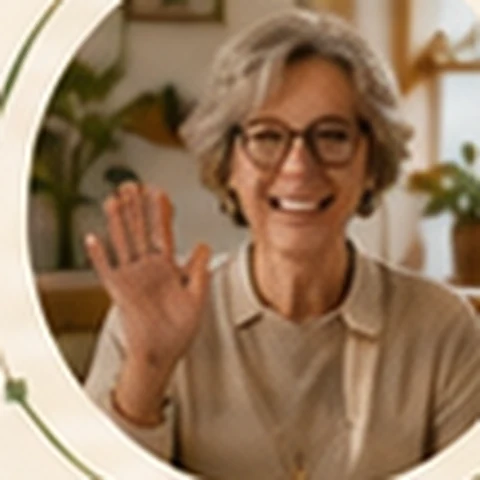 An older classmate smiling and waving during a playful online session