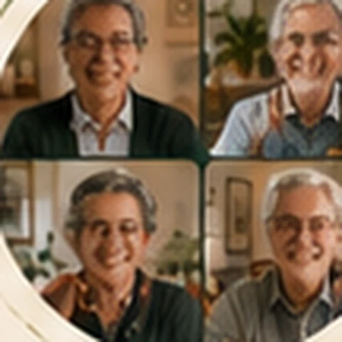 A small group of older classmates connecting on a video call