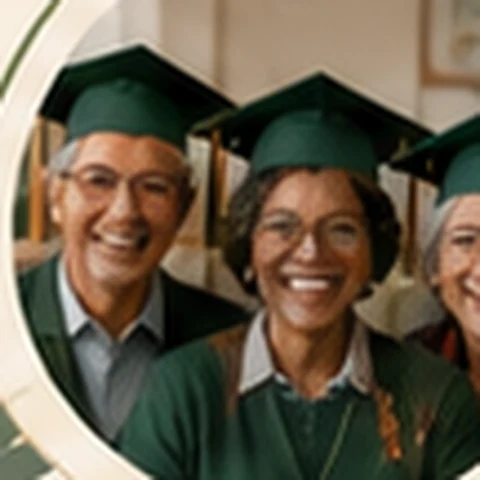 Older classmates celebrating graduation together